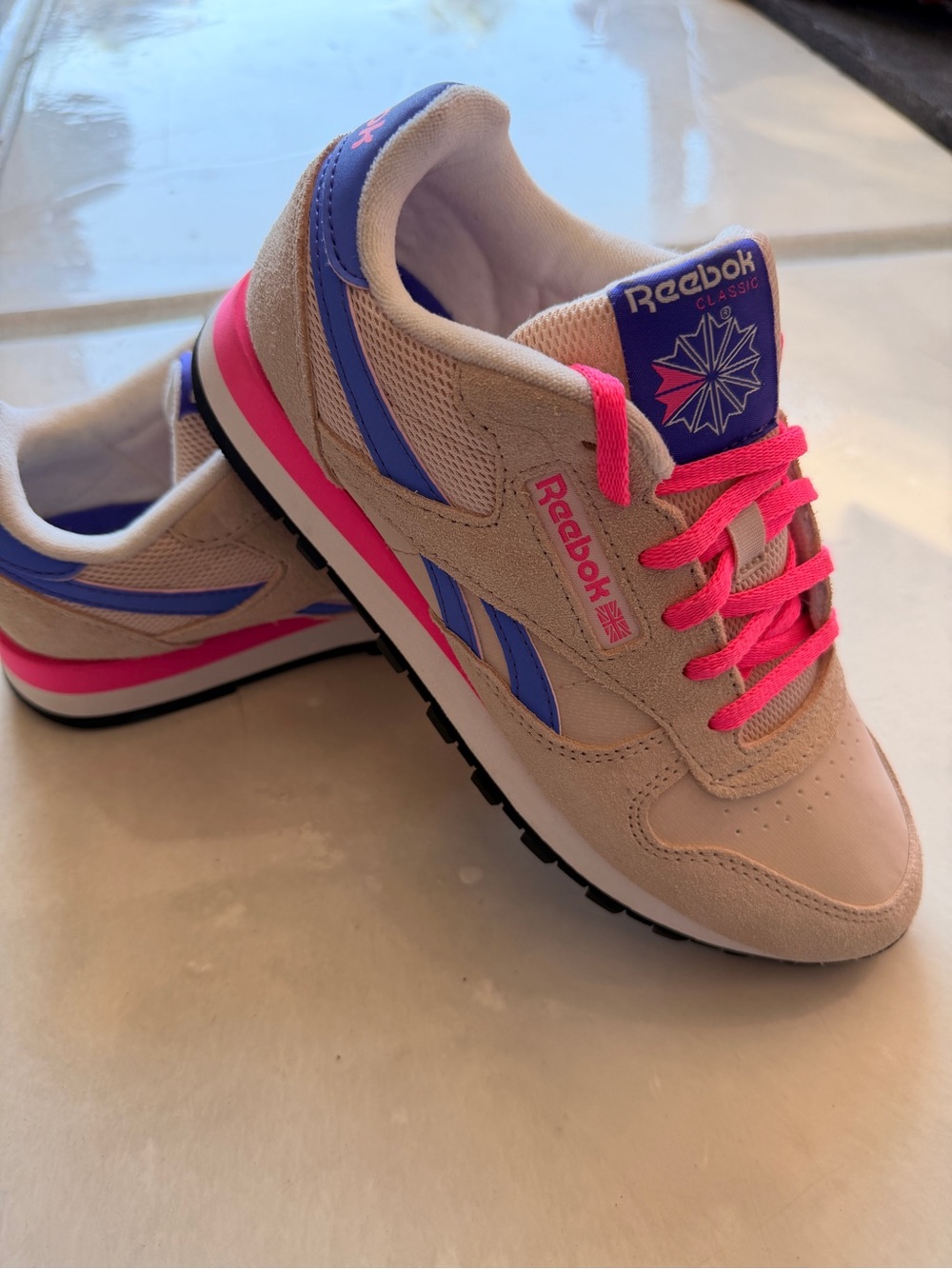 Reebok Classic Leather Nylon Tapioca Atomic Pink Sneakers Women 6.5 / 5Y